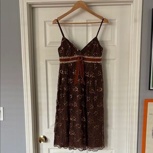 Anna Sui Brown Metallic Lace Spaghetti Strap Dress with Velvet Bow